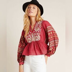 Anthropologie Keira Embroidered Peplum Blouse US 8